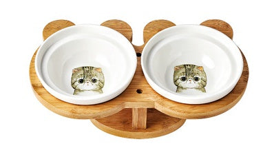 Ceramic Pet Cat Bowl with Wooden Base