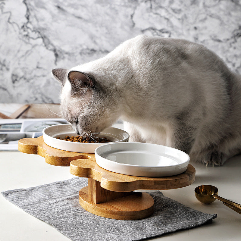 Ceramic Pet Cat Bowl with Wooden Base
