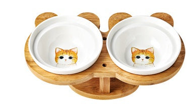 Ceramic Pet Cat Bowl with Wooden Base