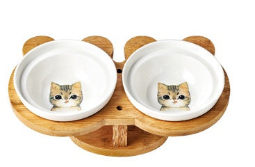 Ceramic Pet Cat Bowl with Wooden Base