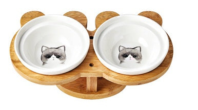 Ceramic Pet Cat Bowl with Wooden Base