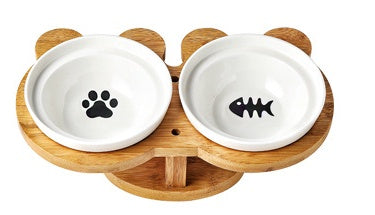 Ceramic Pet Cat Bowl with Wooden Base